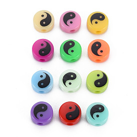 Perles acryliques opaques imprimés, plat rond avec yinyang