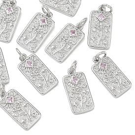 SHEGRACE Valentine's Day Brass Cubic Zirconia Pendants, Rectangle with Misty Rose Flower Charms, Cadmium Free & Lead Free & Nickel Free