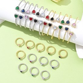 Heart Brass Micro Pave Cubic Zirconia Cuff Bangles & Rings Sets for Women, Rack Plating