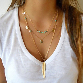 Fashion Feather Turquoise Bead Glitter Multi-layer Necklace for Women