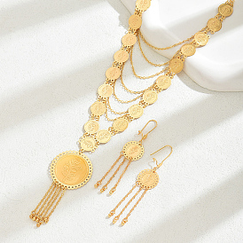 Комплекты из латунных многослойных монет с розовыми кисточками и серег для женщин