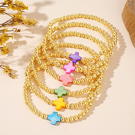 Латунные круглые бусины эластичные браслеты, Окрашенные натуральные ракушки, крестики-украшения для женщин, золотые