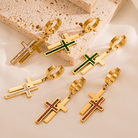14K Gold Plated Colorful Zirconia Titanium Steel Cross Earrings for Women Hip Hop Personality Jewelry
