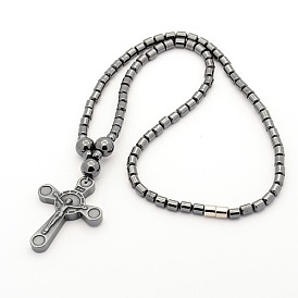 Hématite synthétique non magnétique des colliers de perles des hommes à la mode, crucifix magnétique colliers croix pendentif pour Pâques, avec fermoir magnétique en laiton, 17.5 pouce
