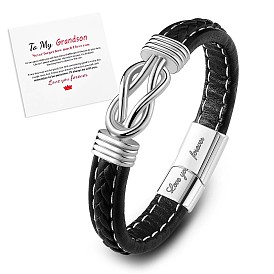 Word Love You Forever Stainless Steel Interlocking Knot Link Bracelet, Braided Leather Wristband Gifts for Grandson