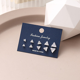 Stainless Steel Geometric Zirconia Earrings Set - 5 Pairs of Chic Round, Square and Triangle Studs