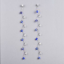Handmade Evil Eye Lampwork Beads Dangle Earrings, with 304 Stainless Steel Findings, Cubic Zirconia and Glass Beads