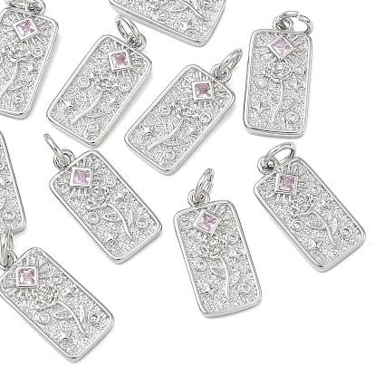 SHEGRACE Valentine's Day Brass Cubic Zirconia Pendants, Rectangle with Misty Rose Flower Charms, Cadmium Free & Lead Free & Nickel Free