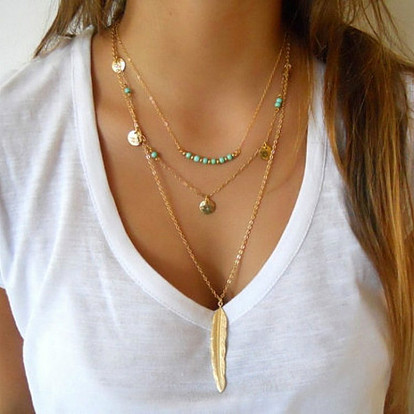 Fashion Feather Turquoise Bead Glitter Multi-layer Necklace for Women