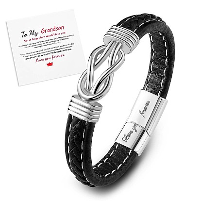 Word Love You Forever Stainless Steel Interlocking Knot Link Bracelet, Braided Leather Wristband Gifts for Grandson