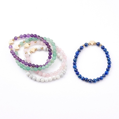 Round Natural Gemstone Beaded Stretch Bracelets, with Non-magnetic Synthetic Hematite Heart Beads, Golden