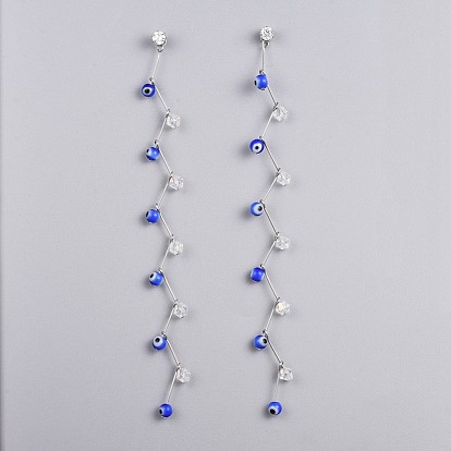 Handmade Evil Eye Lampwork Beads Dangle Earrings, with 304 Stainless Steel Findings, Cubic Zirconia and Glass Beads
