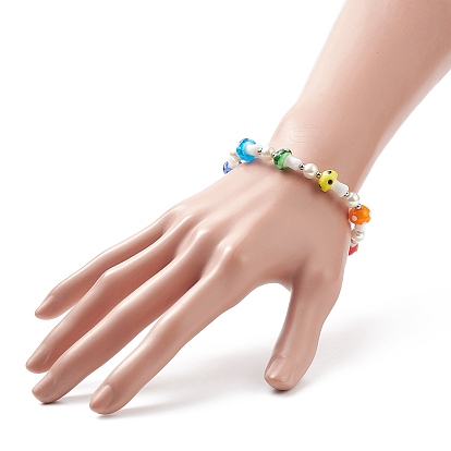 Lampwork Mushroom & Glass Pearl Beaded Bracelet with 304 Stainless Steel Toggle Clasps for Women