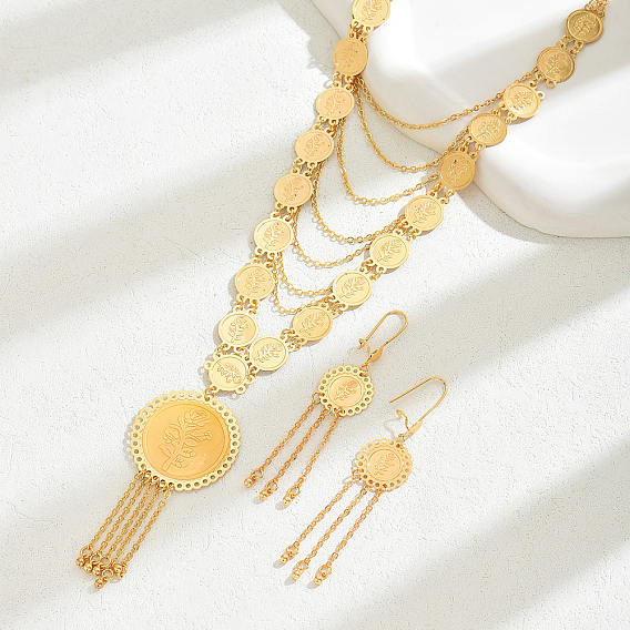 Комплекты из латунных многослойных монет с розовыми кисточками и серег для женщин