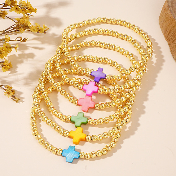 Латунные круглые бусины эластичные браслеты, Окрашенные натуральные ракушки, крестики-украшения для женщин, золотые