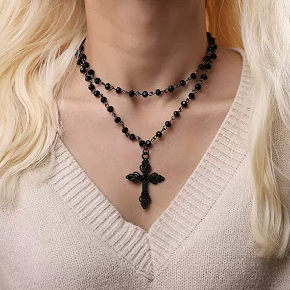 Двухслойные ожерелья из сплава и акрила с круглыми бусинами в виде звеньев цепи с крестом для женщин на Хэллоуин