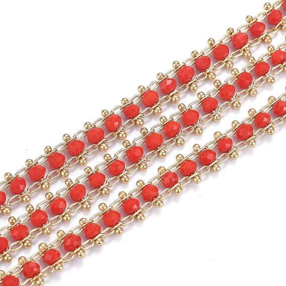 Brass Handmade Faceted Glass Beaded Chains, with Spool, Soldered, Long-Lasting Plated, Real 18K Gold Plated, Rondelle