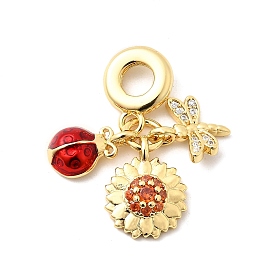 Латунь микропаве прозрачный кубический цирконий европейские подвески с подвесками, с огнеупорной эмалью, Подвески с большими отверстиями, без кадмия и без свинца, божья коровка, подсолнух и стрекоза