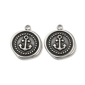 304 Stainless Steel Pendants, Flat Round with Anchor Charms