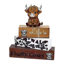 4Pcs 4 Styles Highland Cow Wooden Block Sign Set with Tabletop Decor, Farmhouse Table Centerpiece Block Signs for Party