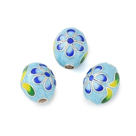 Rhodium Plated 925 Sterling Silver Enamel Beads, Oval with Flower, Light Sky Blue