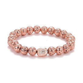 Perles rondes de roche de lave naturelle galvanisée bracelet extensible d'aromathérapie d'anxiété d'huile essentielle, Bracelet de perles en alliage tête de bouddha pour fille femme, or rose