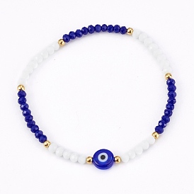 Faceted Glass Beaded Stretch Bracelets, with Evil Eye Lampwork Flat Round Beads and 304 Stainless Steel Beads, Golden