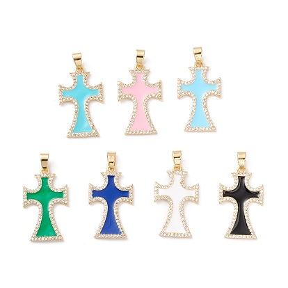 Rack Plating Brass Micro Pave Cubic Zirconia Pendants, with Enamel, Cadmium Free & Lead Free, Real 18K Gold Plated, Cross