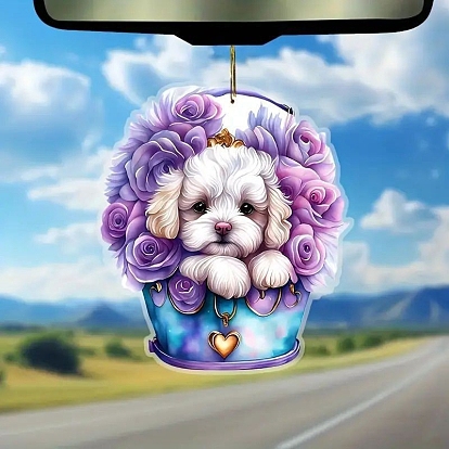 Собака с цветочной корзиной акриловые подвесные украшения, для украшения зеркала заднего вида автомобиля