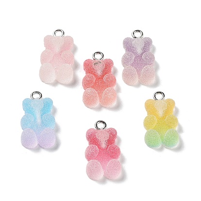 Gradient Color Translucent Resin Pendants, Druzy Bear Charms with Platinum Plated Iron Loops