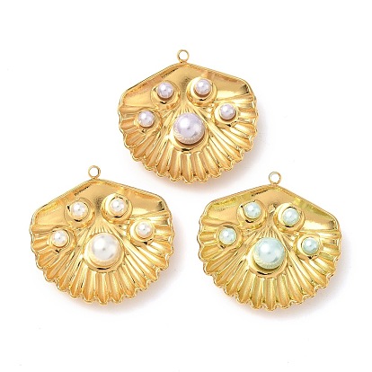 304 подвески из нержавеющей стали, с пластмассовой жемчужиной abs, подвески в форме ракушек, ионное покрытие (ip), реальный 18 k позолоченный