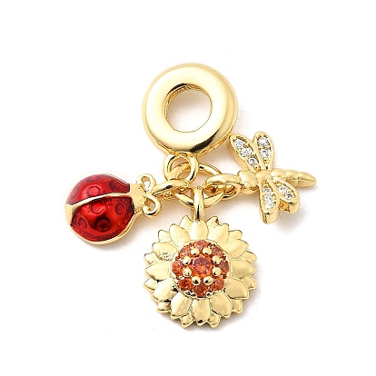 Латунь микропаве прозрачный кубический цирконий европейские подвески с подвесками, с огнеупорной эмалью, Подвески с большими отверстиями, без кадмия и без свинца, божья коровка, подсолнух и стрекоза