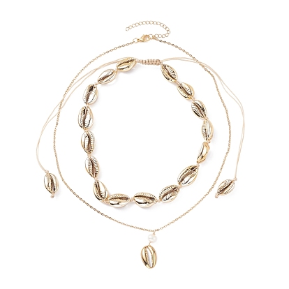 Natural Cowrie Shell Natural Pearl Pendant Necklaces, Natural Cowrie Beaded Necklace for Beach Vacation