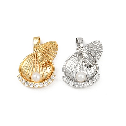 Латунные микро проложить кубического циркония подвески, без кадмия и без свинца, формы раковины, с абс пластмассовой имитационной жемчужиной