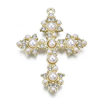 Alloy Pendants, with ABS Plastic Imitation Pearl, Lead Free & Nickel Free, Cross, White