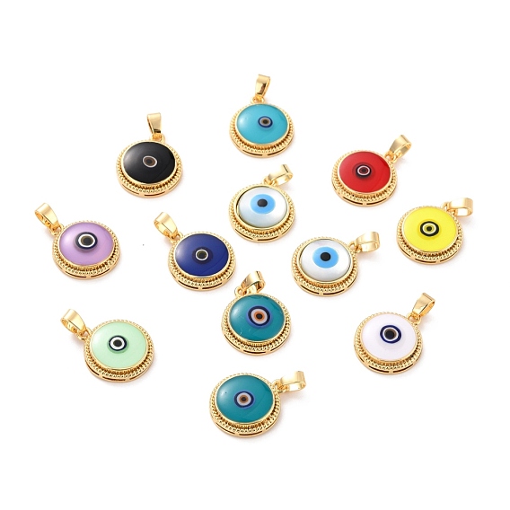 Brass Pendants, with Enamel & Natural Shell Slice, Flat Round with Evil Eye, Golden