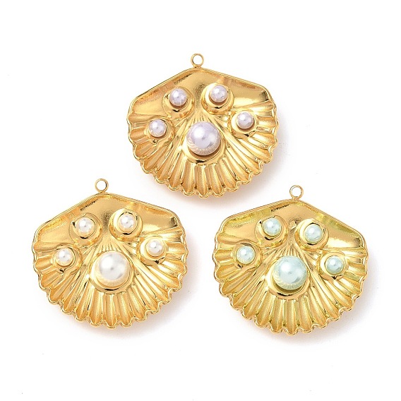 304 подвески из нержавеющей стали, с пластмассовой жемчужиной abs, подвески в форме ракушек, ионное покрытие (ip), реальный 18 k позолоченный