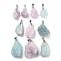 Raw Rough Natural Mixed Stone Pendants, Natural Aquamarine/Kunzite, Nuggets Charms with Platinum Plated Brass Pinch Bails