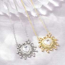 Collares con colgante de corazón de cristal, circonitas cúbicas transparentes y latón engastadas., sin plomo y cadmio, chapado en rack, larga duración plateado