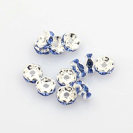 Brass Rhinestone Spacer Beads, Cadmium Free & Lead Free, Grade A, Rondelle, Silver Color Plated