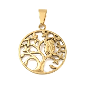Ion Plating(IP) 304 Stainless Steel Pendants, Flat Round with Tree of Life & Owl Charm