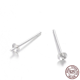 Sterling Silver Stud Earring Findings, For Half-drill Beads, Tray: 3mm, 13mm, Pin: 0.7mm