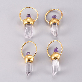 Natural Gemstone Pointed Pendants, Natural Amethyst & Quartz Crystal, with Brass Loop, Prismatic
