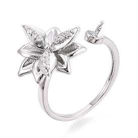 Оправы для колец-манжет из цветочной латуни с микропаве из прозрачного кубического циркония, за половину пробурено бисера