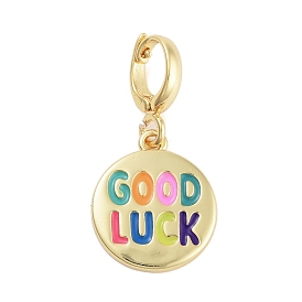Brass Enamel Pendants, Flat Round with Word Good Luck Charms