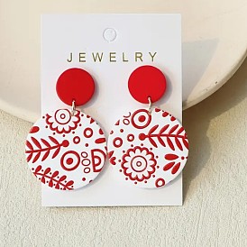 Акриловые болтаться серьги стержня, плоские круглые с рисунком