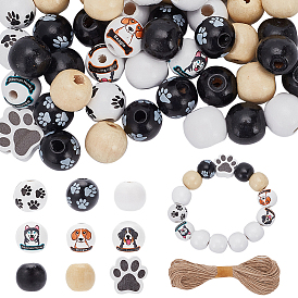 180шт 9 стили печатные деревянные круглые бусины, с 1 джутовым шнуром, круглая форма и лапа