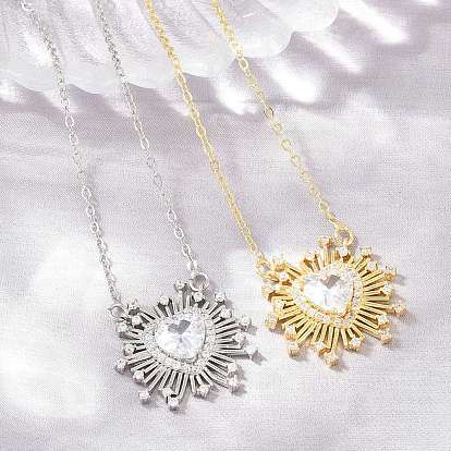 Collares con colgante de corazón de cristal, circonitas cúbicas transparentes y latón engastadas., sin plomo y cadmio, chapado en rack, larga duración plateado