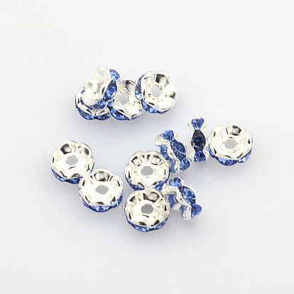 Brass Rhinestone Spacer Beads, Cadmium Free & Lead Free, Grade A, Rondelle, Silver Color Plated
