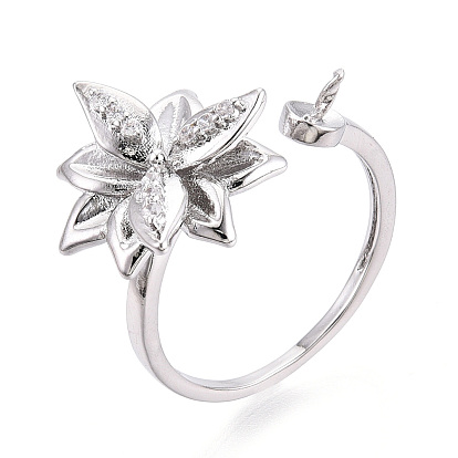 Оправы для колец-манжет из цветочной латуни с микропаве из прозрачного кубического циркония, за половину пробурено бисера